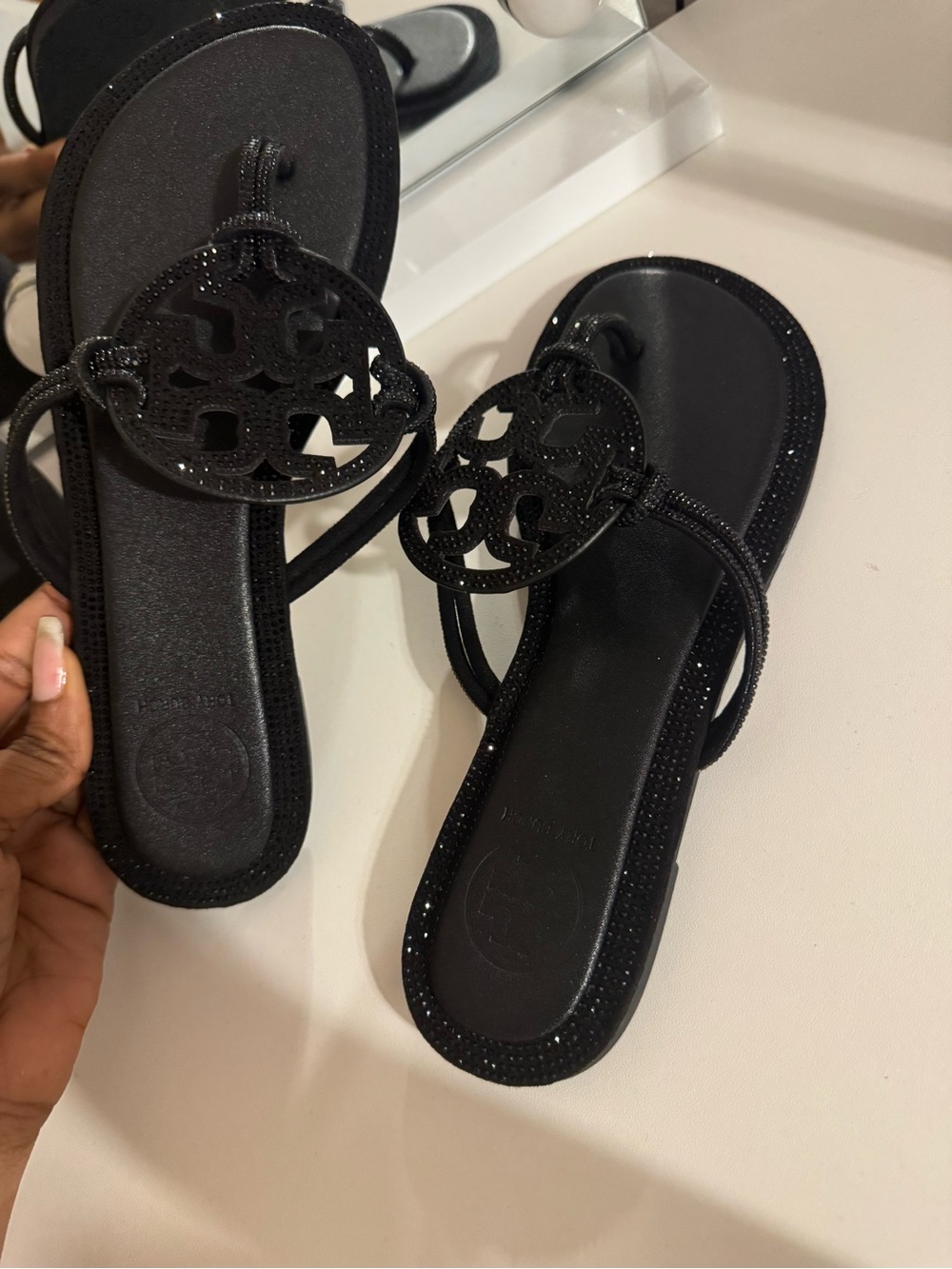 Tory Burch Black Sparkle Logo Toe-Post Sandals